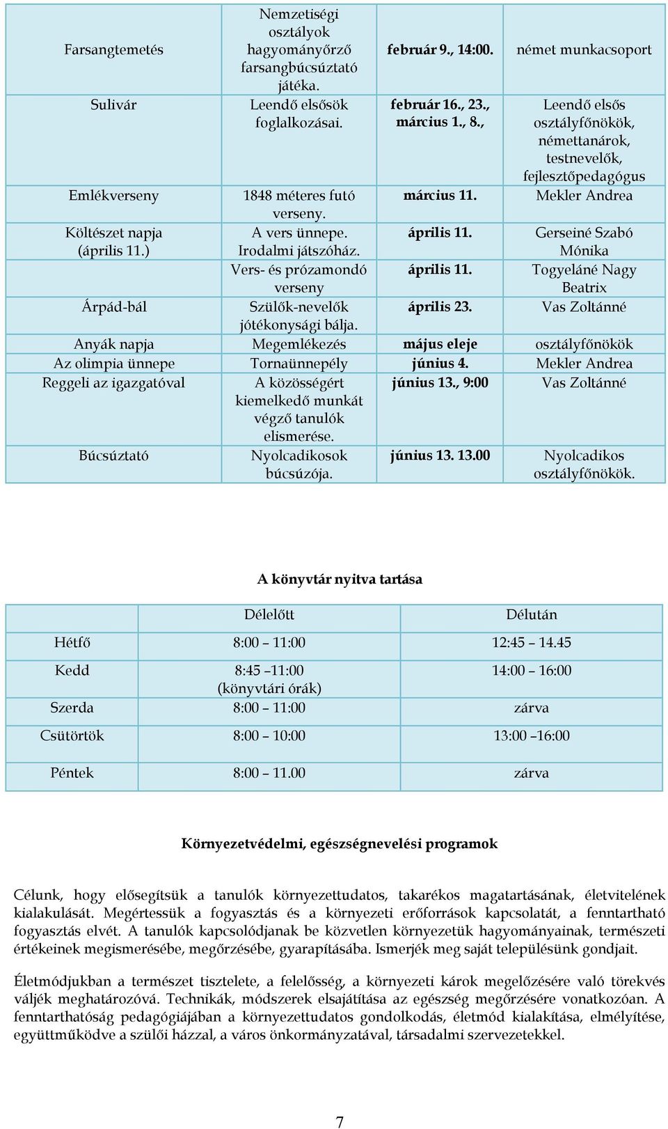 (április 11.) Irodalmi játszóház. Vers- és prózamondó április 11. Togyeláné Nagy verseny Beatrix Árpád-bál Szülők-nevelők április 23. Vas Zoltánné jótékonysági bálja.