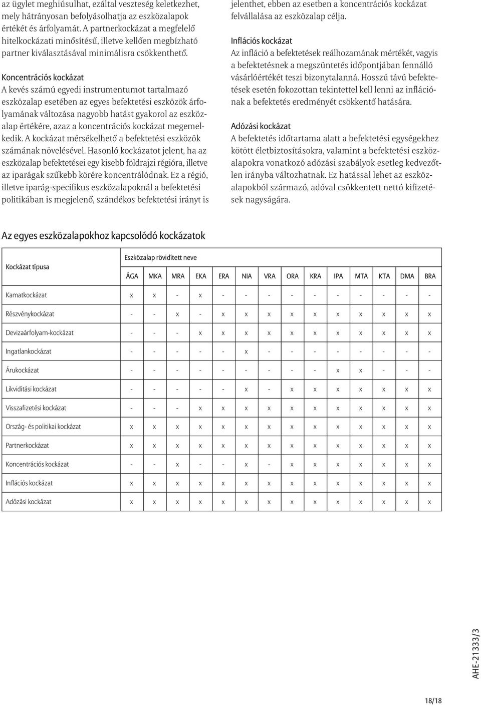 Koncentrációs kockázat A kevés számú egyedi instrumentumot tartalmazó eszközalap esetében az egyes befektetési eszközök árfolyamának változása nagyobb hatást gyakorol az eszközalap értékére, azaz a