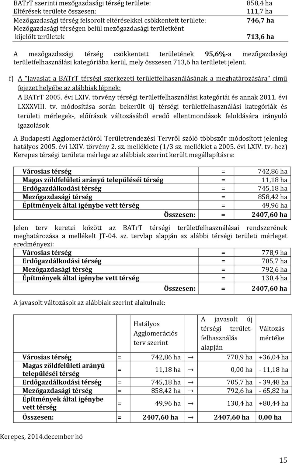 jelent. f) A "Javaslat a BATrT térségi szerkezeti területfelhasználásának a meghatározására" című fejezet helyébe az alábbiak lépnek: A BATrT 2005. évi LXIV.