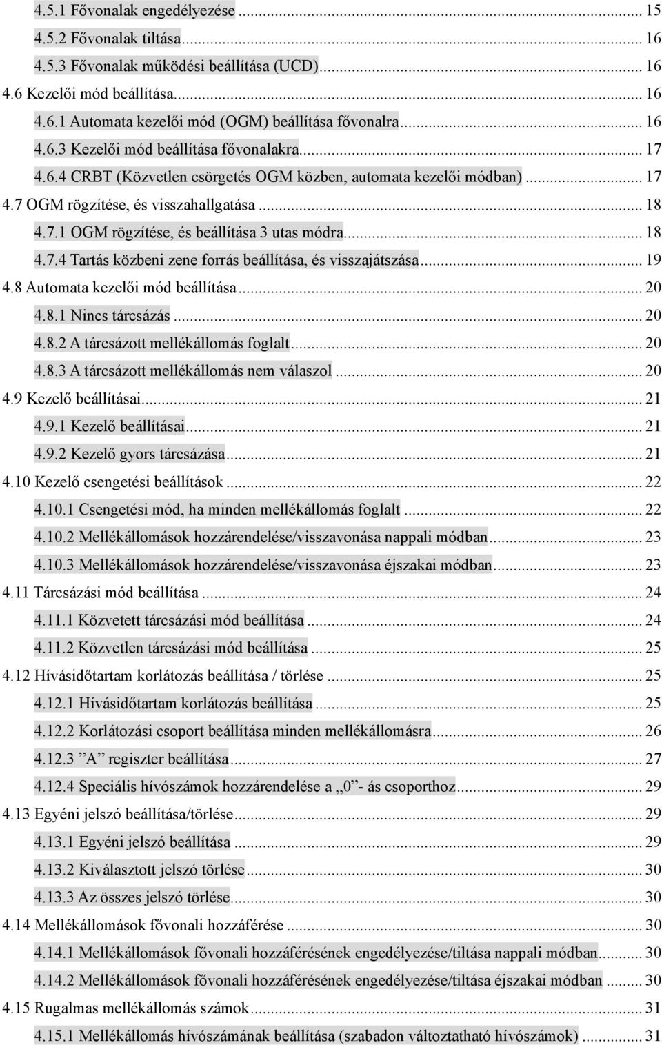 .. 18 4.7.4 Tartás közbeni zene forrás beállítása, és visszajátszása... 19 4.8 Automata kezelői mód beállítása... 20 4.8.1 Nincs tárcsázás... 20 4.8.2 A tárcsázott mellékállomás foglalt... 20 4.8.3 A tárcsázott mellékállomás nem válaszol.