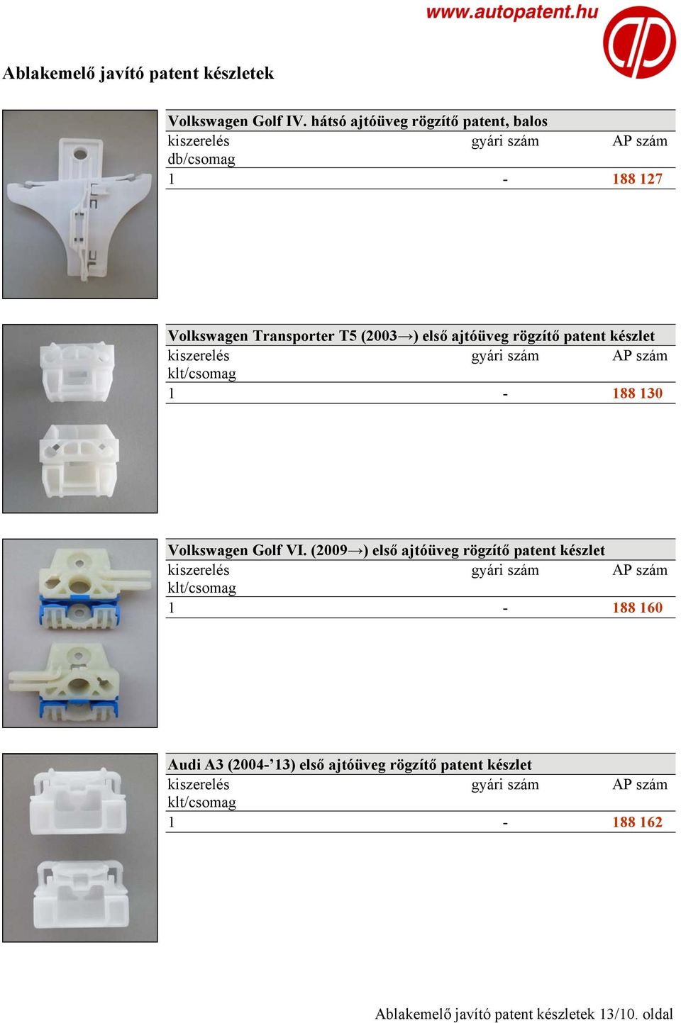 első ajtóüveg rögzítő patent készlet 1-188 130 Volkswagen Golf VI.