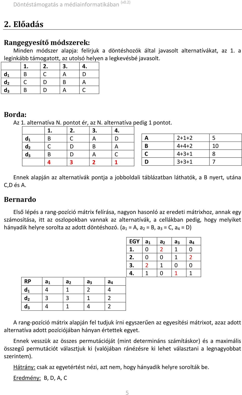 d 1 B C A D A 2+1+2 5 d 2 C D B A B 4+4+2 10 d 3 B D A C C 4+3+1 8 4 3 2 1 D 3+3+1 7 Ennek alapján az alternatívák pontja a jobboldali táblázatban láthatók, a B nyert, utána C,D és A.