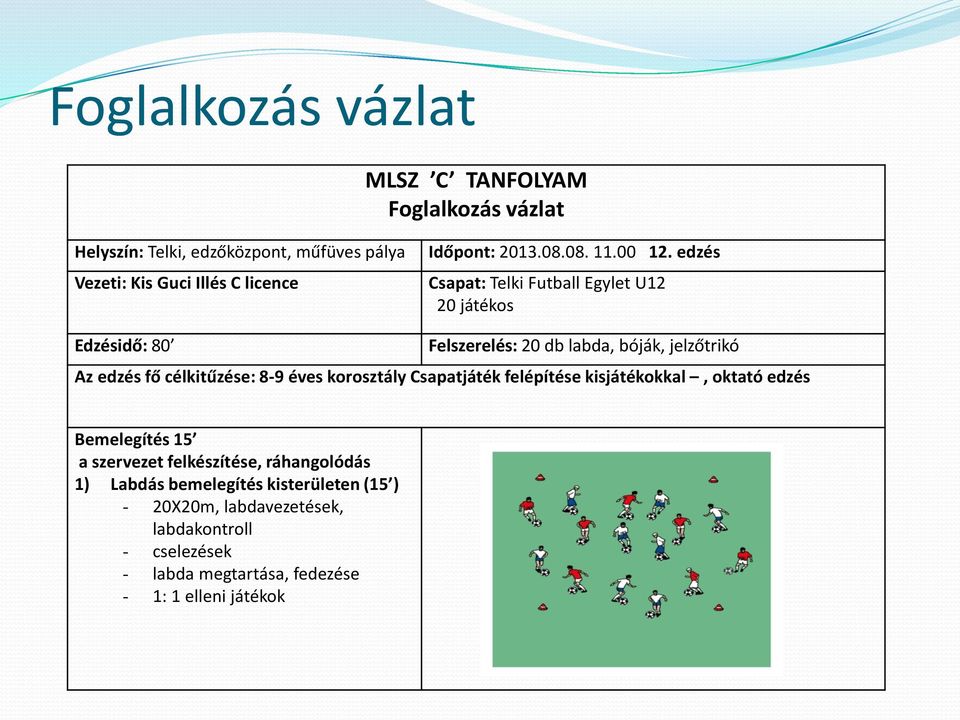 edzés Csapat: Telki Futball Egylet U12 20 játékos Edzésidő: 80 Felszerelés: 20 db labda, bóják, jelzőtrikó Az edzés fő célkitűzése: 8-9 éves