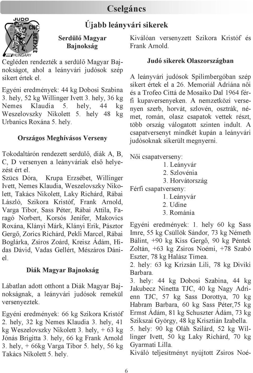 hely, 44 kg Weszelovszky Nikolett 5. hely 48 kg Urbanics Roxána 5. hely. Országos Meghívásos Verseny Tokodaltárón rendezett serdülı, diák A, B, C, D versenyen a leányváriak elsı helyezést ért el.