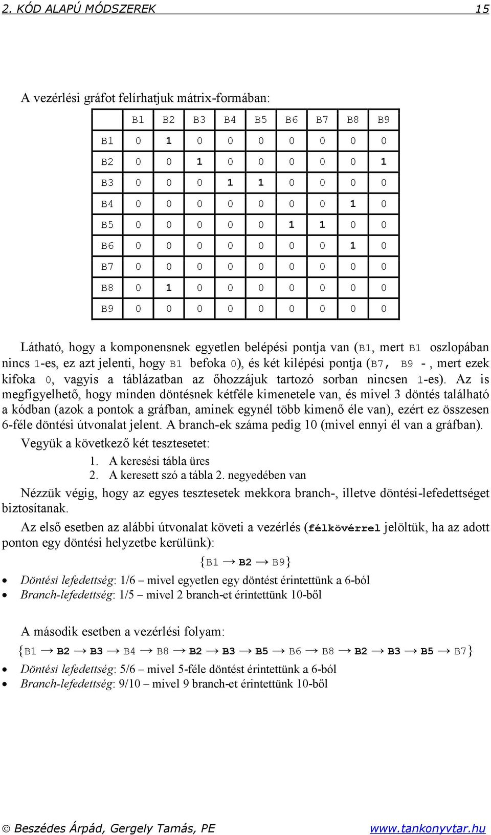 hogy B1 befoka 0), és két kilépési pontja (B7, B9 -, mert ezek kifoka 0, vagyis a táblázatban az őhozzájuk tartozó sorban nincsen 1-es).