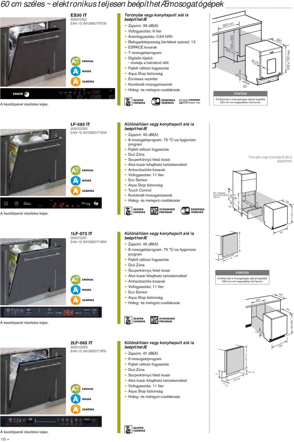 600 min. 820 a 890 550 min. 113 50 FONTOS! 16-24 560 642 a 730 max. A kezelőpanel részletes képe. ÉRINTÉSES VEZÉRLÉS A kifolyónak a mosogatógép aljánál legalább 250 mm-rel magasabban kell lennie.