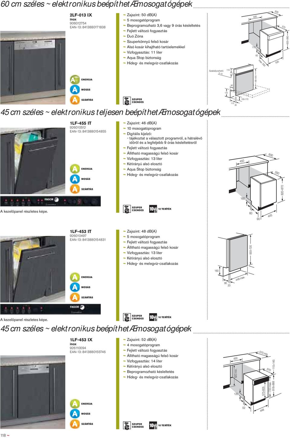 550 600 595 570 820 890 Szabályozható 110 0 15 490 600 90 170 45 cm széles ~ elektronikus teljesen beépíthetæ mosogatógépek 1LF-455 IT 926010512 EAN-13: 8413880154855 ~ Zajszint: 46 db(a) ~ 10