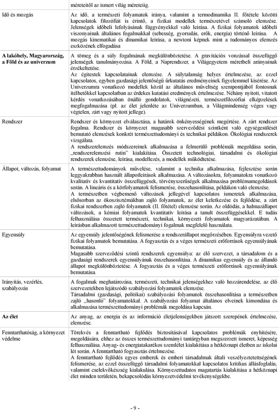 Jelenségek időbeli lefolyásának függvényekkel való leírása. A fizikai folyamatok időbeli viszonyainak általános fogalmakkal (sebesség, gyorsulás, erők, energia) történő leírása.