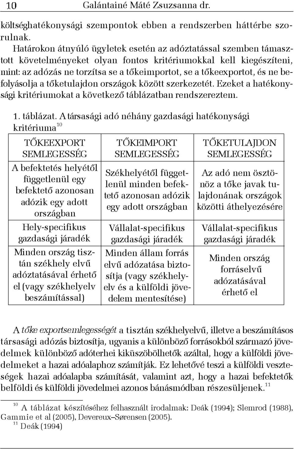 és ne befolyásolja a tõketulajdon országok között szerkezetét. Ezeket a hatékonysági kritériumokat a következõ táblázatb