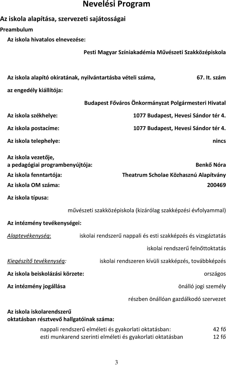 Az iskola postacíme: 1077 Budapest, Hevesi Sándor tér 4.