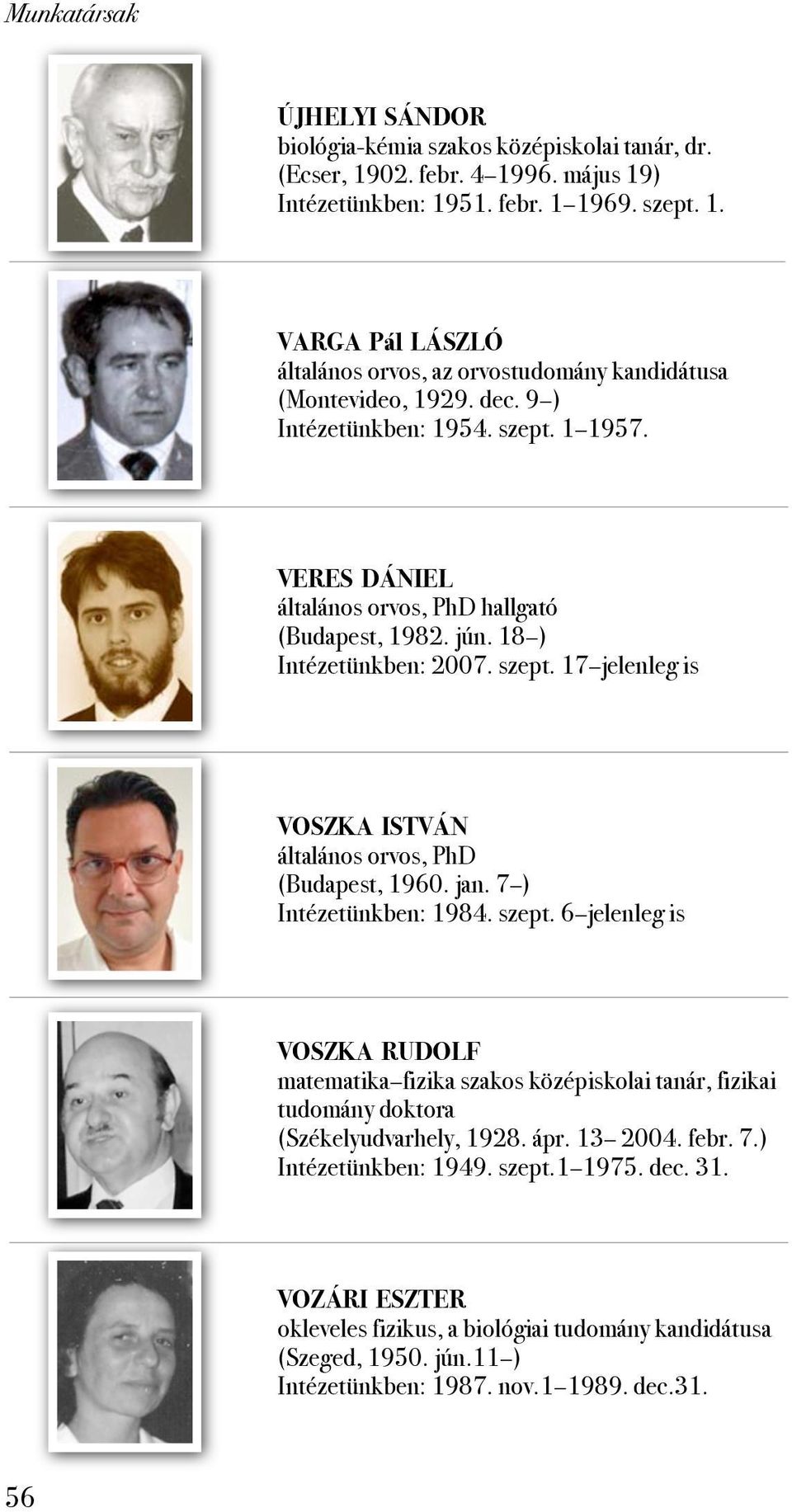 jan. 7 ) Intézetünkben: 1984. szept. 6 jelenleg is VOSZKA RUDOLF matematika fizika szakos középiskolai tanár, fizikai tudomány doktora (Székelyudvarhely, 1928. ápr. 13 2004. febr. 7.) Intézetünkben: 1949.