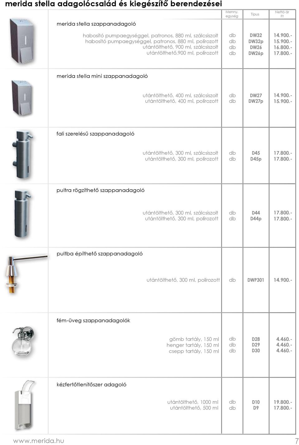 - 17.800.- merida stella mini szappanadagoló utántölthető, 400 ml, szálcsiszolt utántölthető, 400 ml, polírozott DW27 DW27p 14.900.