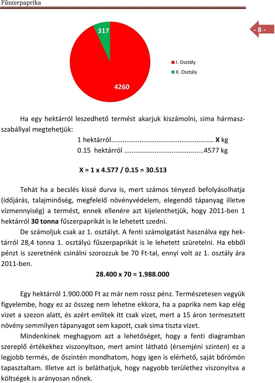 kijelenthetjük, hogy 2011-ben 1 hektárról 30 tonna fűszerpaprikát is le lehetett szedni. De számoljuk csak az 1. osztályt. A fenti számolgatást használva egy hektárról 28,4 tonna 1.