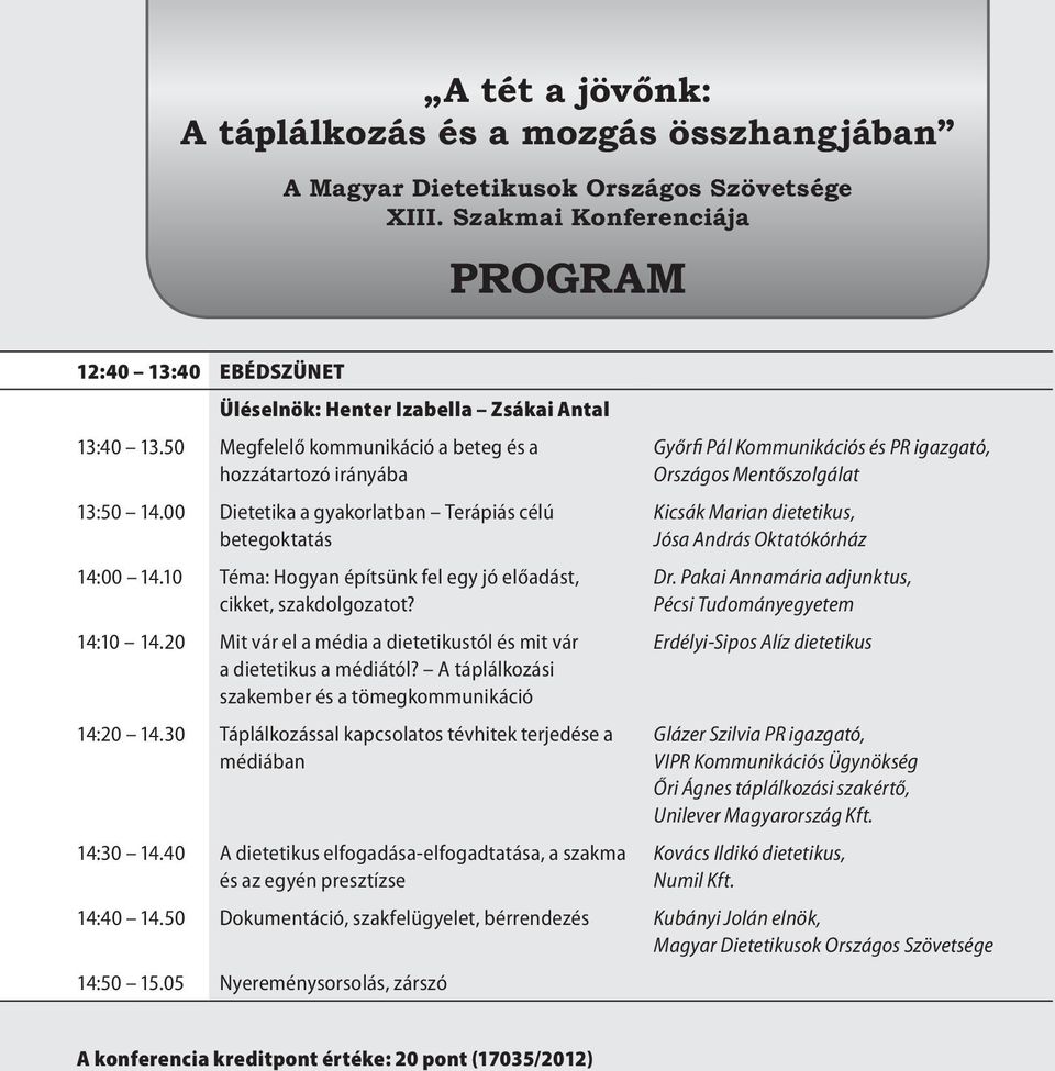 00 Dietetika a gyakorlatban Terápiás célú betegoktatás 14:00 14.10 Téma: Hogyan építsünk fel egy jó előadást, cikket, szakdolgozatot? 14:10 14.