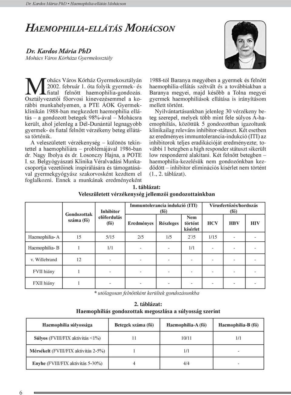 Osztályvezetői főorvosi kinevezésemmel a korábbi munkahelyemen, a PTE ÁOK Gyermekklinikán 1988-ban megkezdett haemophilia ellátás a gondozott betegek 98%-ával Mohácsra került, ahol jelenleg a