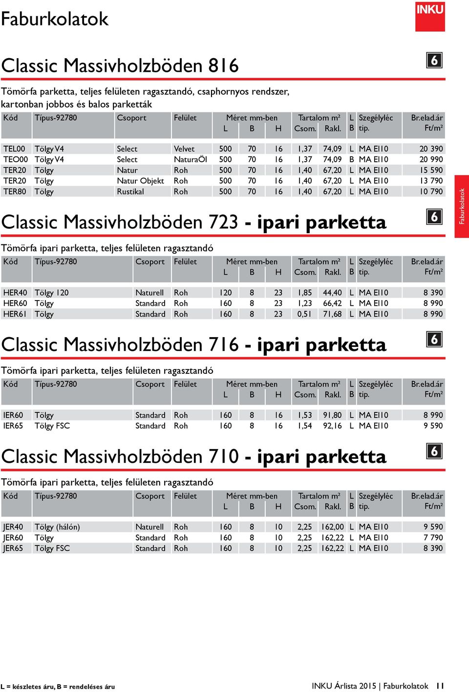 Objekt Roh 00 70 1 1,40 7,20 L MA EI10 13 790 TER80 Tölgy Rustikal Roh 00 70 1 1,40 7,20 L MA EI10 10 790 Classic Massivholzböden 723 - ipari parketta Tömörfa ipari parketta, teljes felületen