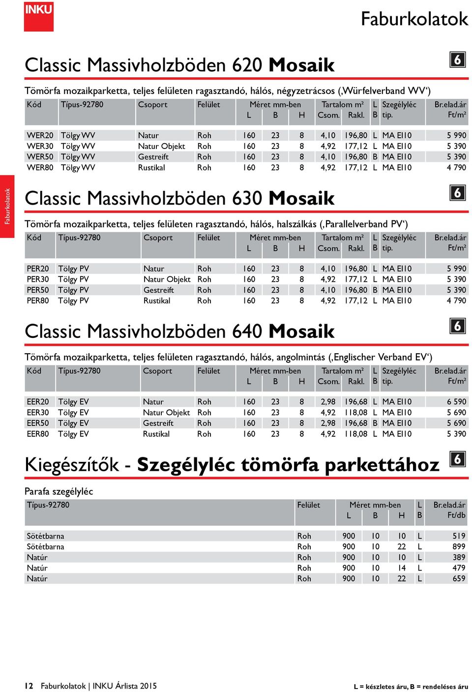 Rustikal Roh 10 23 8 4,92 177,12 L MA EI10 4 790 Classic Massivholzböden 30 Mosaik Tömörfa mozaikparketta, teljes felületen ragasztandó, hálós, halszálkás ( Parallelverband PV ) Kód Típus-92780