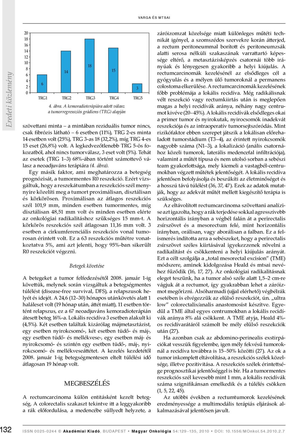 TRG 3-as 8 (32,2%), míg TRG 4-es 5 eset (2,8%) volt. A legkedvezőtlenebb TRG 5-ös fokozatból, ahol nincs tumorválasz, 3 eset volt (5%).