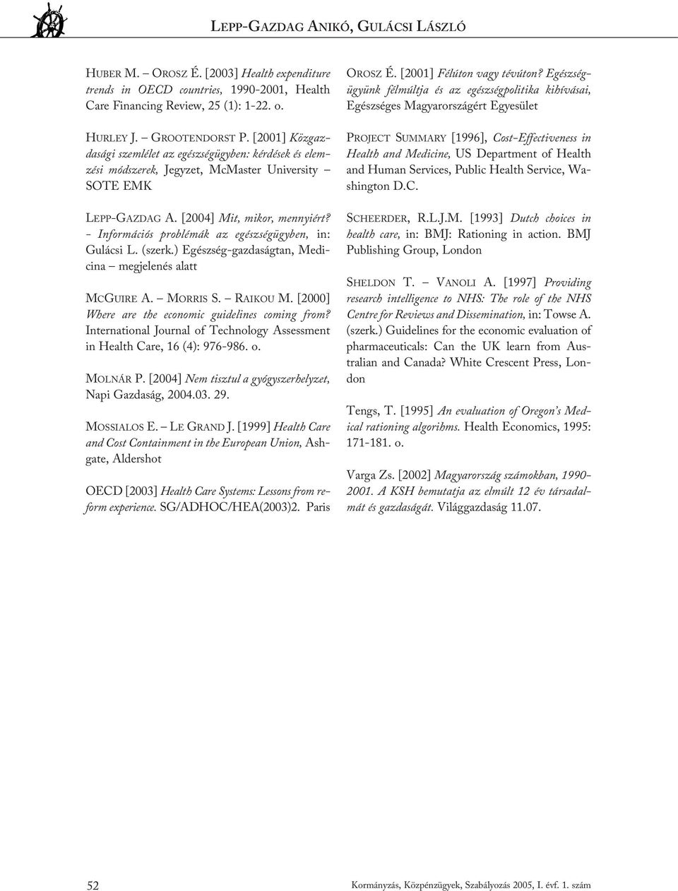 - Információs problémák az egészségügyben, in: Gulácsi L. (szerk.) Egészség-gazdaságtan, Medicina megjelenés alatt MCGUIRE A. MORRIS S. RAIKOU M. [2000] Where are the economic guidelines coming from?