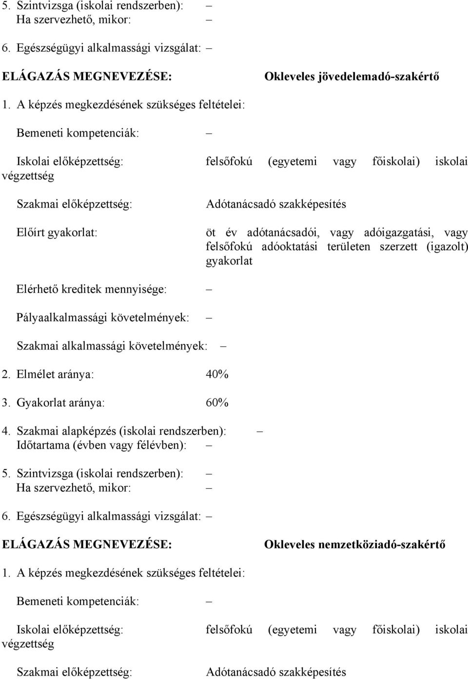 szakképesítés öt év adótanácsadói, vagy adóigazgatási, vagy felsőfokú adóoktatási területen szerzett (igazolt) gyakorlat Elérhető kreditek mennyisége: Pályaalkalmassági követelmények: Szakmai