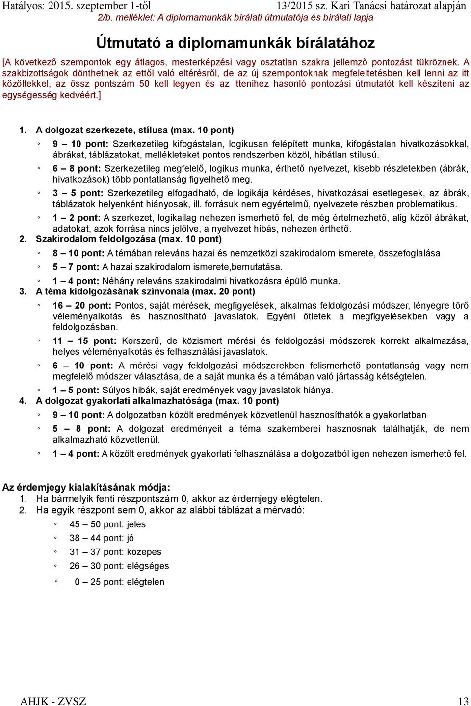 A szakbizottságok dönthetnek az ettől való eltérésről, de az új szempontoknak megfeleltetésben kell lenni az itt közöltekkel, az össz pontszám 50 kell legyen és az ittenihez hasonló pontozási