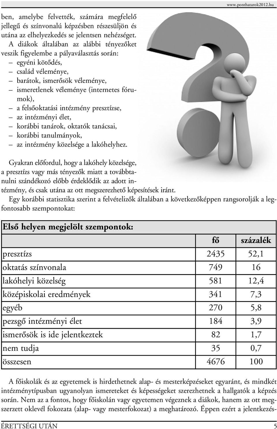 felsôoktatási intézmény presztízse, az intézményi élet, korábbi tanárok, oktatók tanácsai, korábbi tanulmányok, az intézmény közelsége a lakóhelyhez.