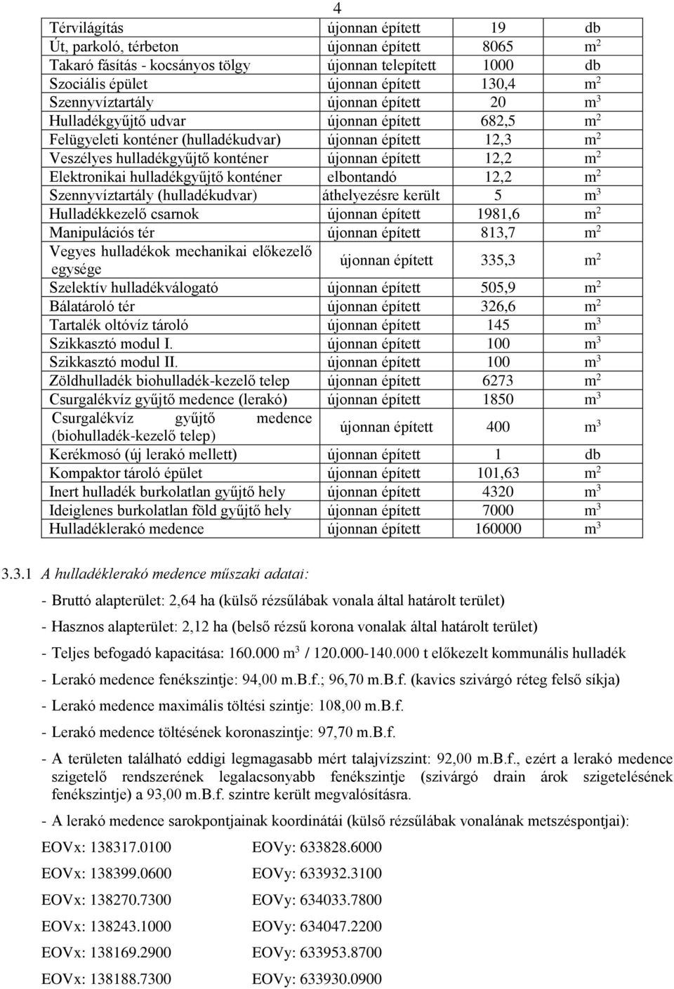 12,2 m 2 Elektronikai hulladékgyűjtő konténer elbontandó 12,2 m 2 Szennyvíztartály (hulladékudvar) áthelyezésre került 5 m 3 Hulladékkezelő csarnok újonnan épített 1981,6 m 2 Manipulációs tér újonnan