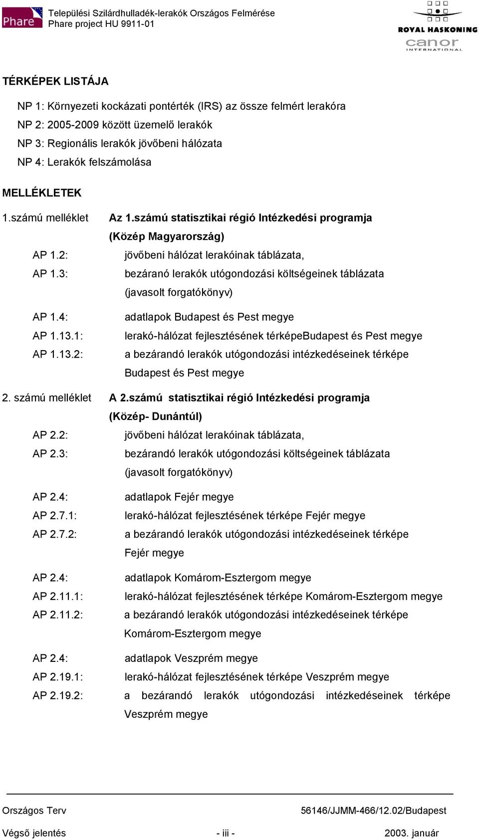 számú statisztikai régió Intézkedési programja (Közép Magyarország) jövőbeni hálózat lerakóinak táblázata, bezáranó lerakók utógondozási költségeinek táblázata (javasolt forgatókönyv) adatlapok