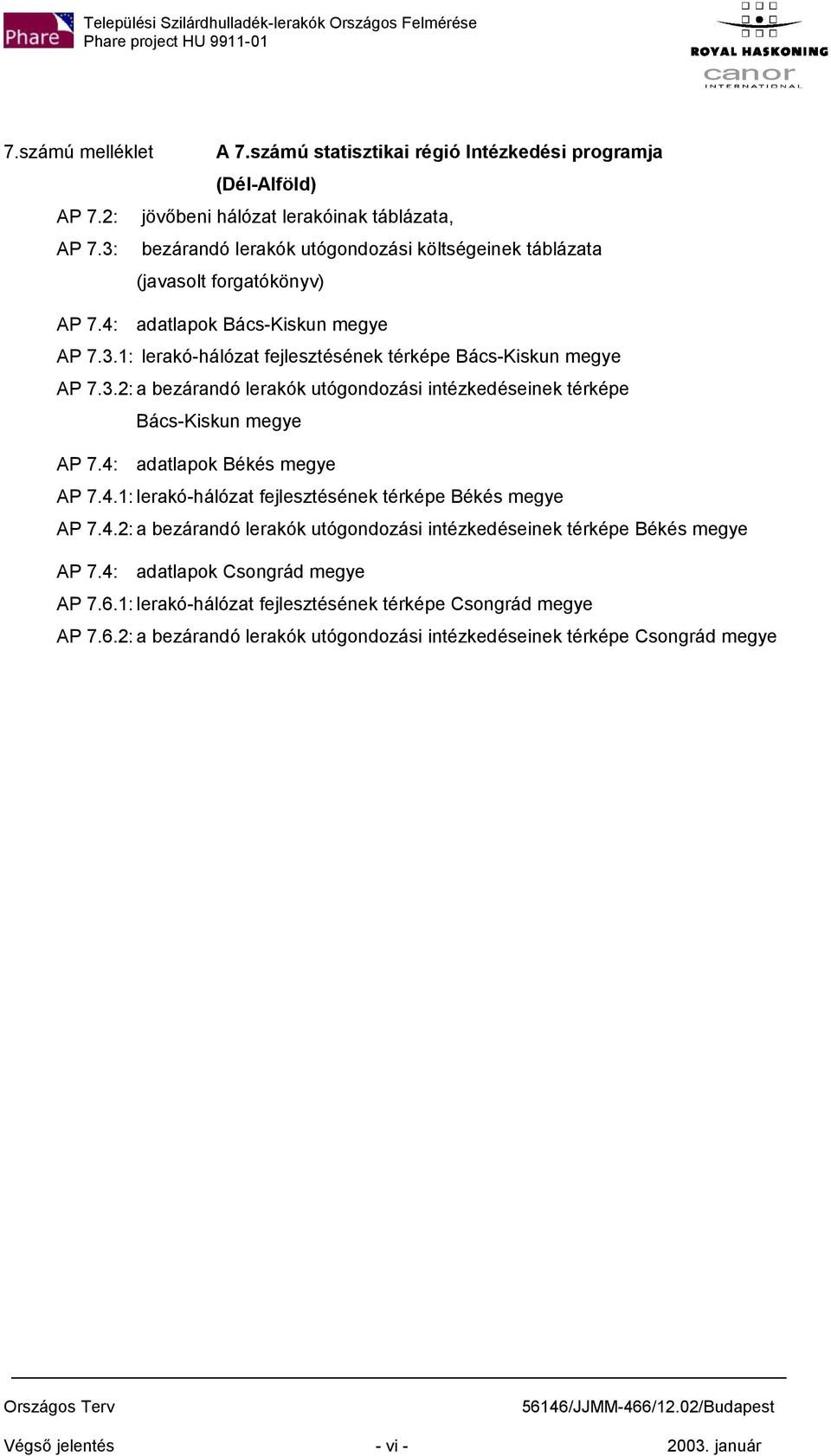 4: adatlapok Békés megye AP 7.4.1: lerakó-hálózat fejlesztésének térképe Békés megye AP 7.4.2: a bezárandó lerakók utógondozási intézkedéseinek térképe Békés megye AP 7.