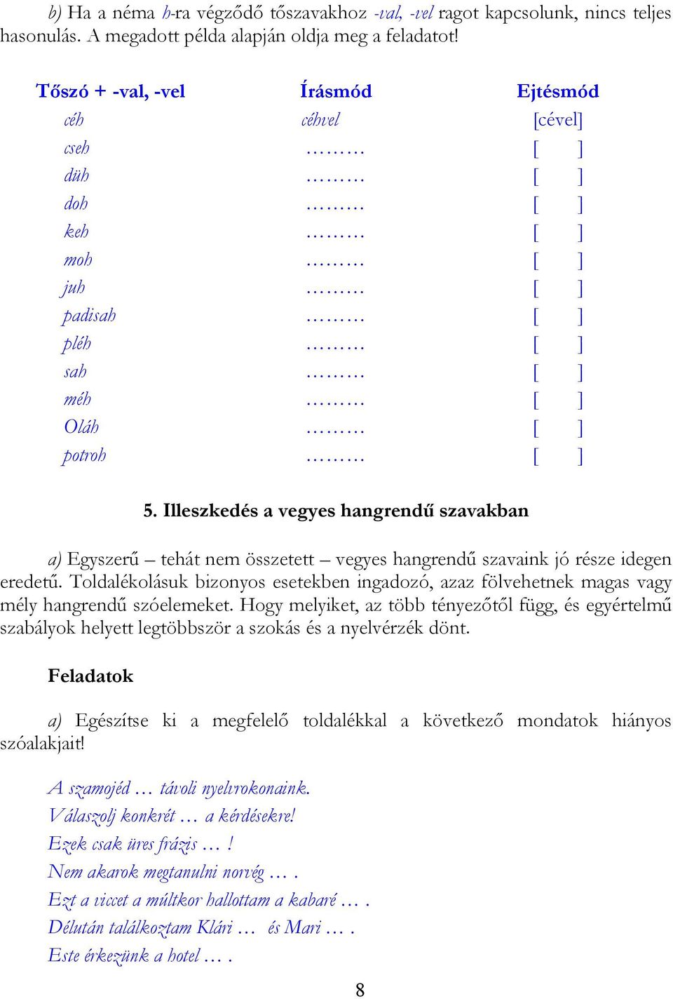 Illeszkedés a vegyes hangrendű szavakban a) Egyszerű tehát nem összetett vegyes hangrendű szavaink jó része idegen eredetű.