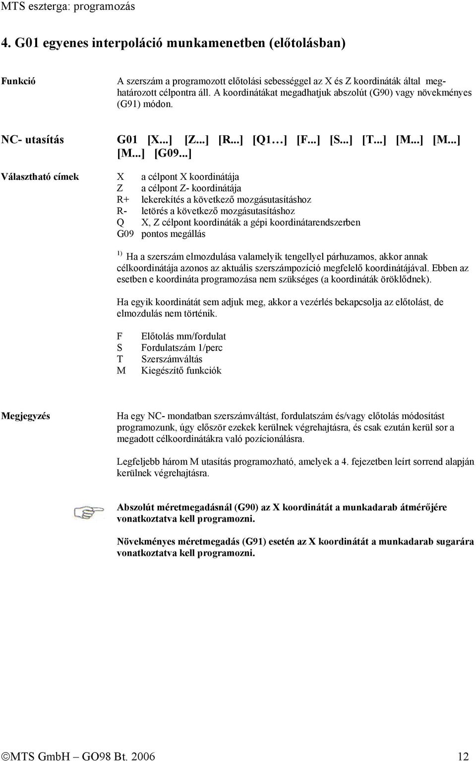 ..] Választható címek X a célpont X koordinátája Z a célpont Z- koordinátája R+ lekerekítés a következő mozgásutasításhoz R- letörés a következő mozgásutasításhoz Q X, Z célpont koordináták a gépi