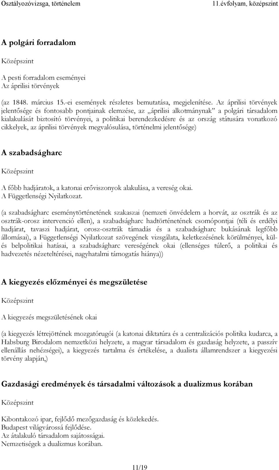 vonatkozó cikkelyek, az áprilisi törvények megvalósulása, történelmi jelentősége) A szabadságharc A főbb hadjáratok, a katonai erőviszonyok alakulása, a vereség okai. A Függetlenségi Nyilatkozat.