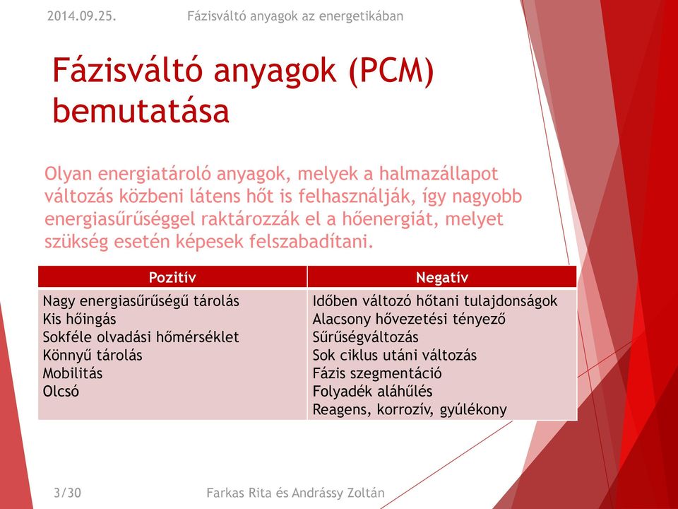 Pozitív Nagy energiasűrűségű tárolás Kis hőingás Sokféle olvadási hőmérséklet Könnyű tárolás Mobilitás Olcsó Negatív Időben változó