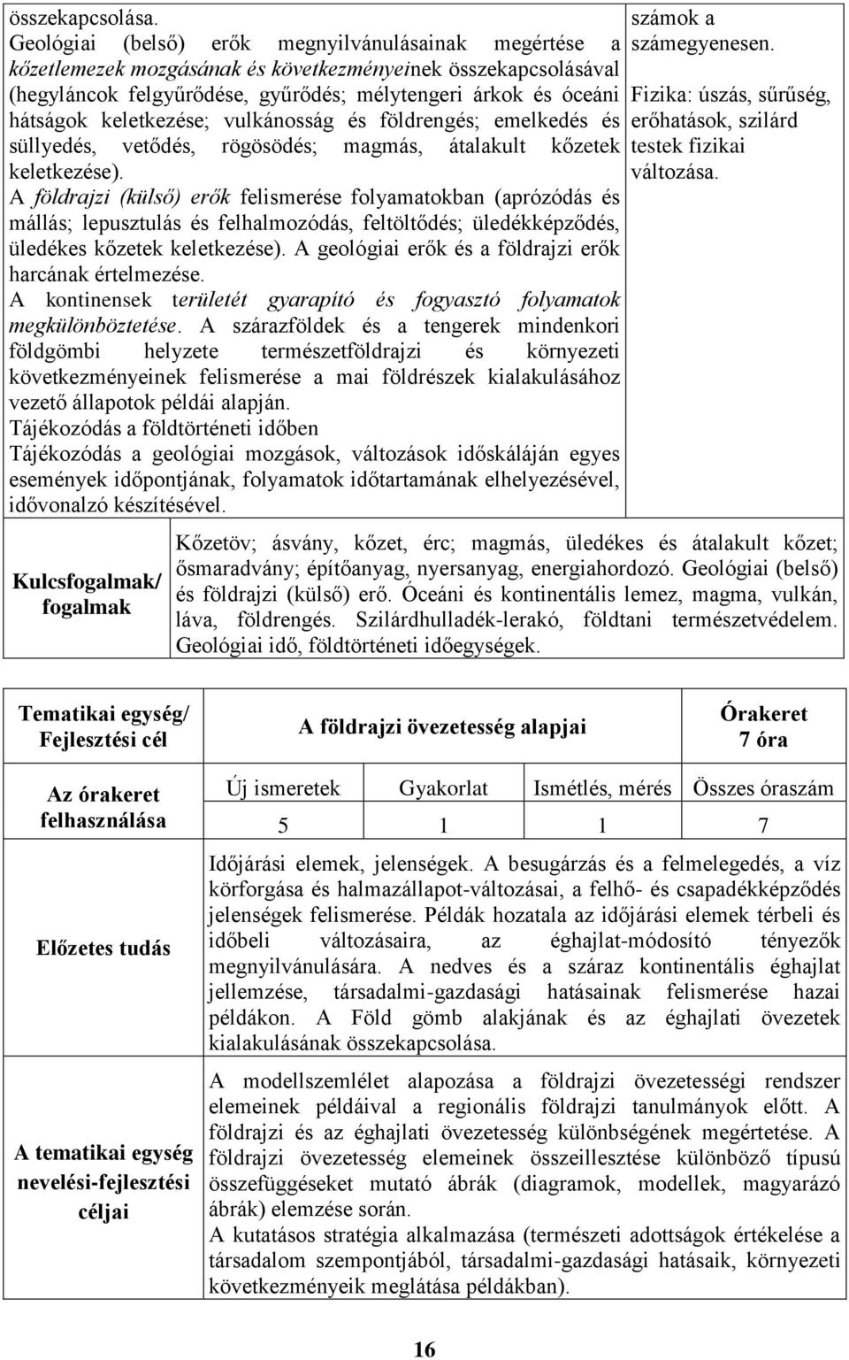 keletkezése; vulkánosság és földrengés; emelkedés és süllyedés, vetődés, rögösödés; magmás, átalakult kőzetek keletkezése).