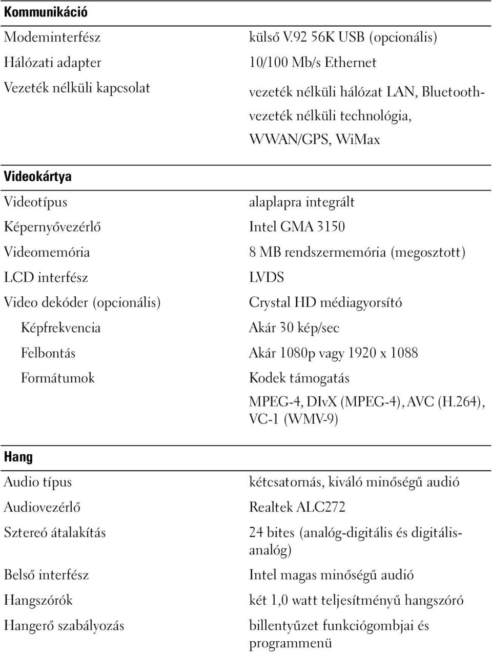 3150 Videomemória 8 MB rendszermemória (megosztott) LCD interfész LVDS Video dekóder (opcionális) Crystal HD médiagyorsító Képfrekvencia Akár 30 kép/sec Felbontás Akár 1080p vagy 1920 x 1088