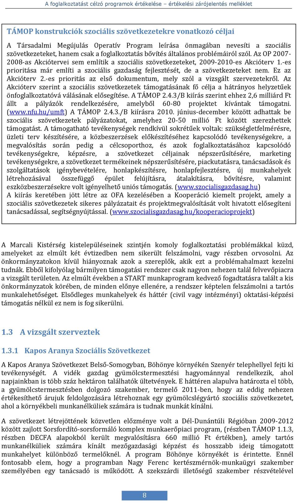 -es prioritása már említi a szociális gazdaság fejlesztését, de a szövetkezeteket nem. Ez az Akcióterv 2.-es prioritás az első dokumentum, mely szól a vizsgált szervezetekről.