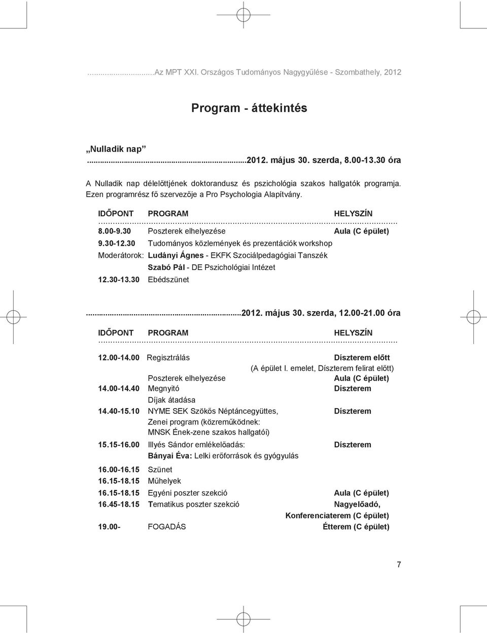 30 Poszterek elhelyezése Aula (C épület) 9.30-12.30 Tudományos közlemények és prezentációk workshop Moderátorok: Ludányi Ágnes - EKFK Szociálpedagógiai Tanszék 12.30-13.