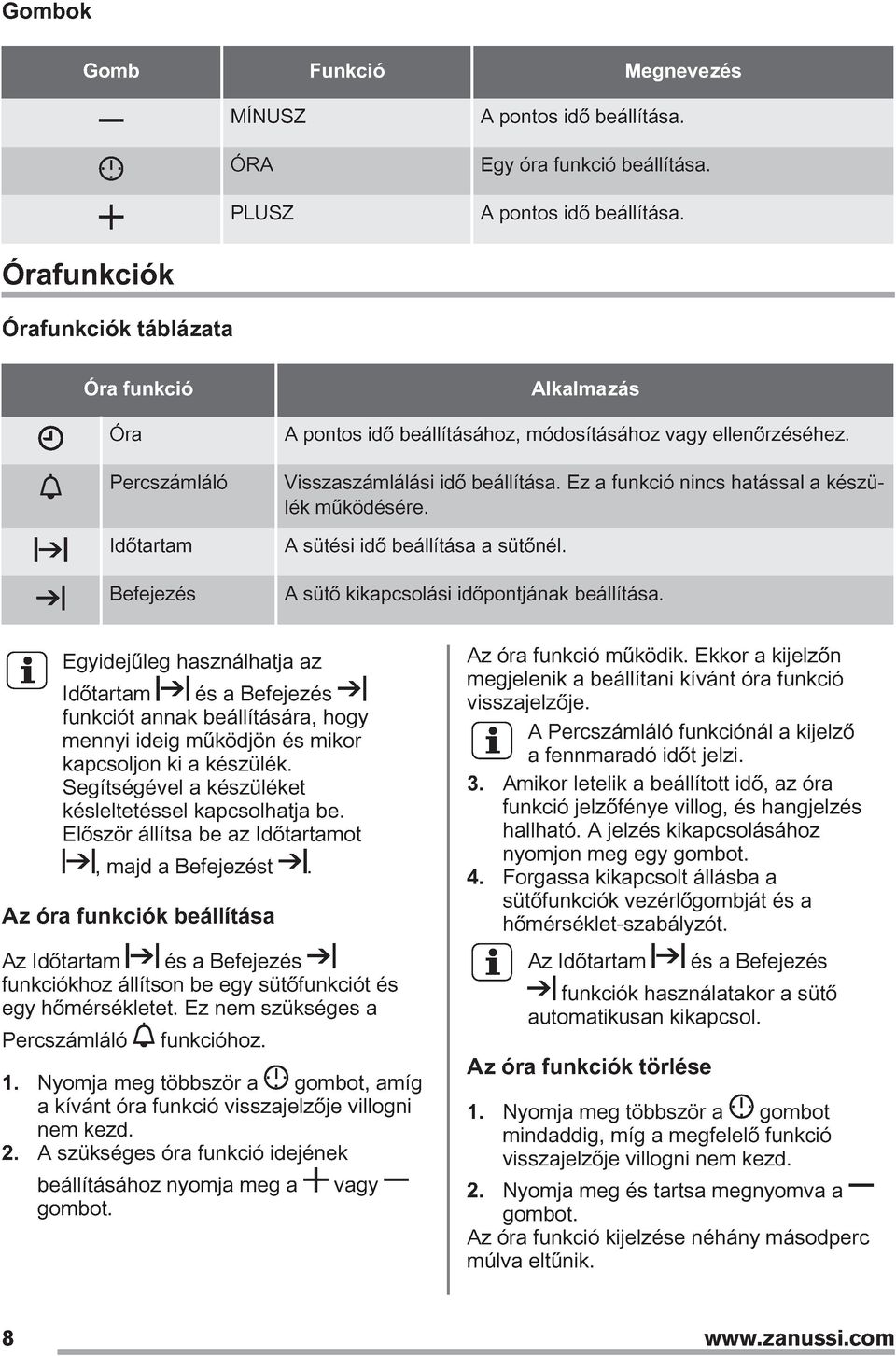 Órafunkciók Órafunkciók táblázata Óra funkció Óra Percszámláló Időtartam Befejezés Alkalmazás A pontos idő beállításához, módosításához vagy ellenőrzéséhez. Visszaszámlálási idő beállítása.