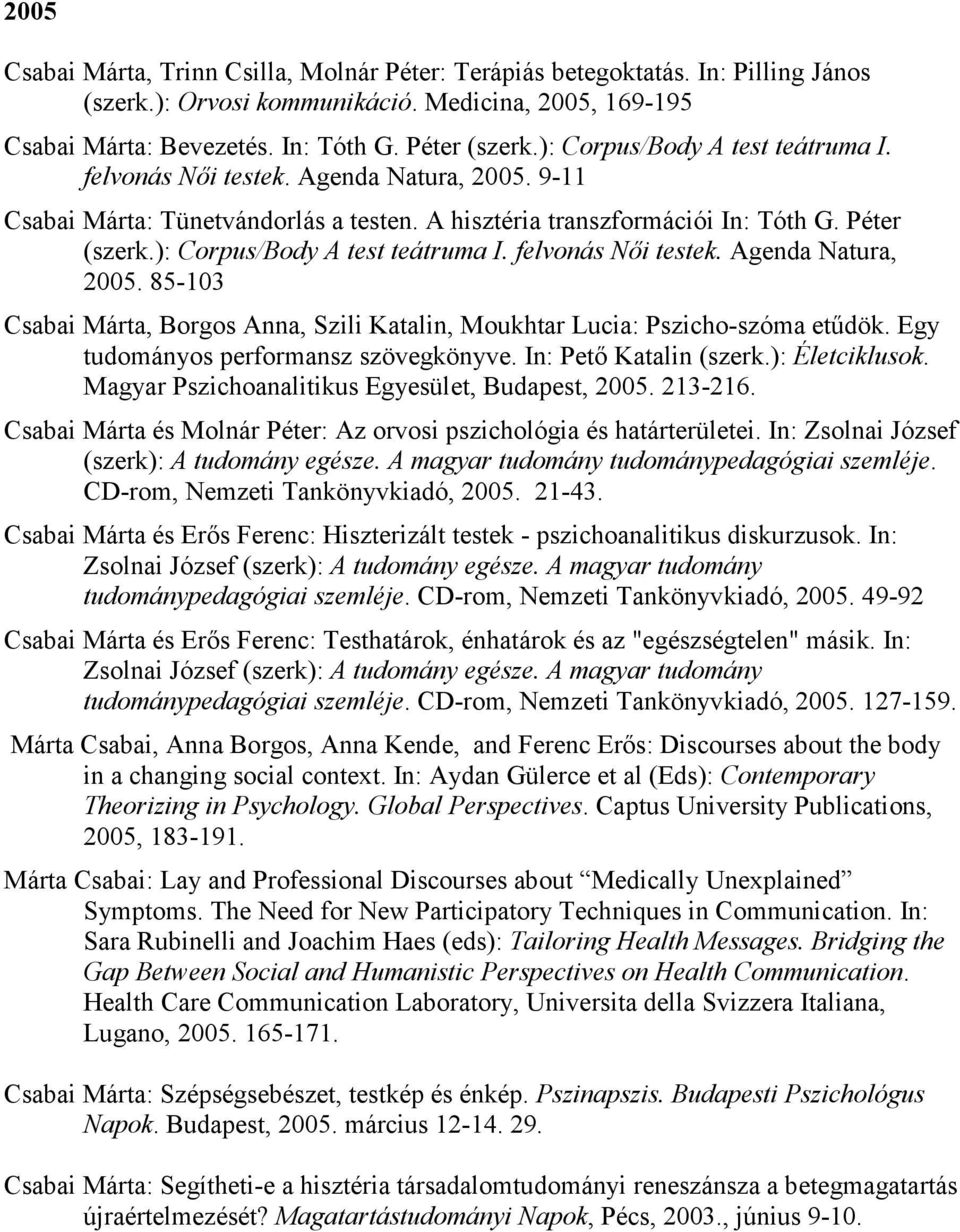 ): Corpus/Body A test teátruma I. felvonás Nıi testek. Agenda Natura, 2005. 85-103 Csabai Márta, Borgos Anna, Szili Katalin, Moukhtar Lucia: Pszicho-szóma etődök.