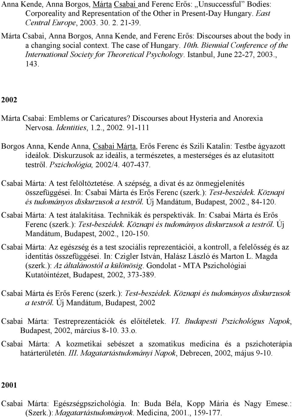 Biennial Conference of the International Society for Theoretical Psychology. Istanbul, June 22-27, 2003., 143. 2002 Márta Csabai: Emblems or Caricatures?