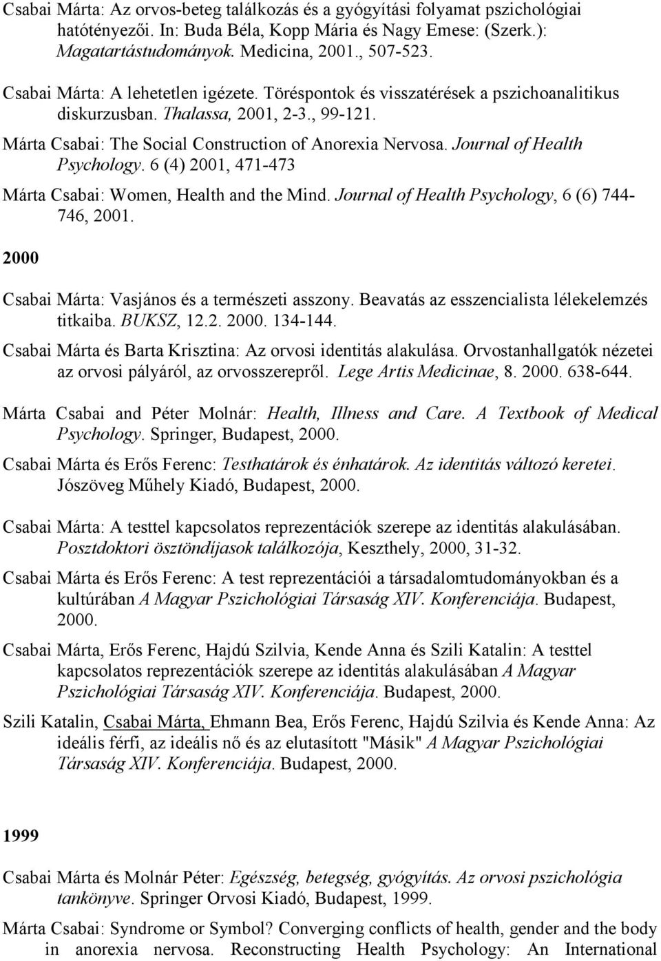 Journal of Health Psychology. 6 (4) 2001, 471-473 Márta Csabai: Women, Health and the Mind. Journal of Health Psychology, 6 (6) 744-746, 2001. 2000 Csabai Márta: Vasjános és a természeti asszony.