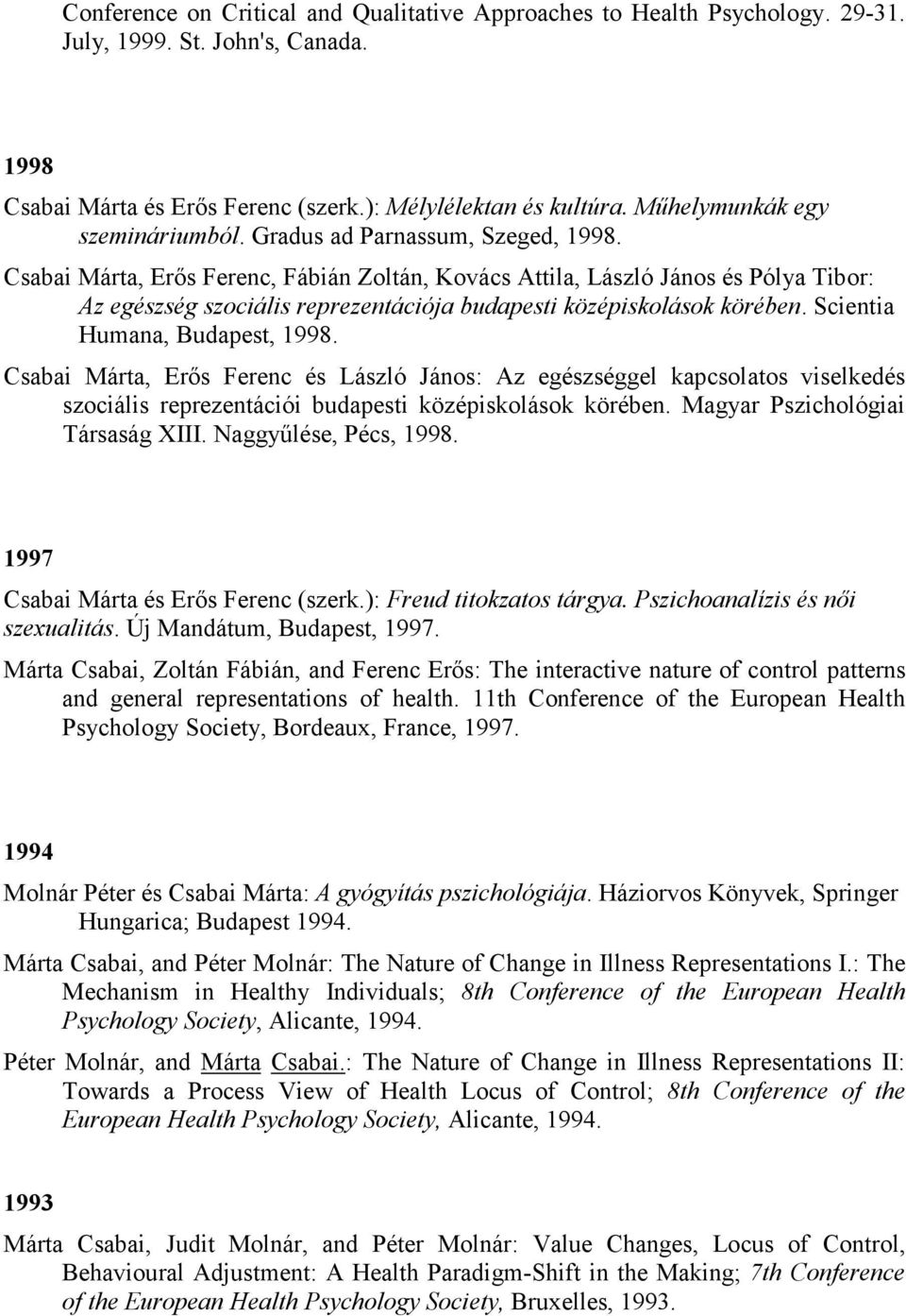 Csabai Márta, Erıs Ferenc, Fábián Zoltán, Kovács Attila, László János és Pólya Tibor: Az egészség szociális reprezentációja budapesti középiskolások körében. Scientia Humana, Budapest, 1998.