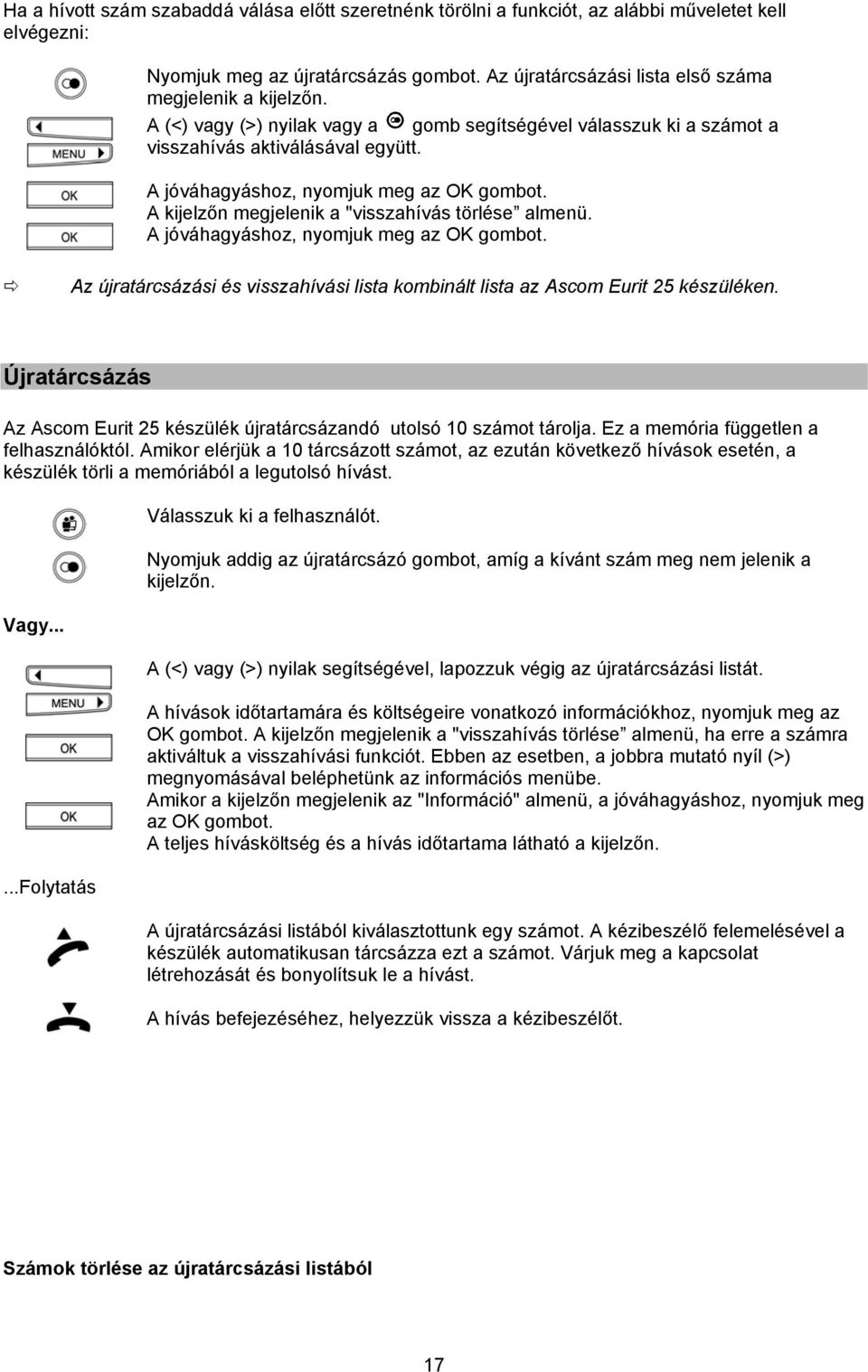 Az újratárcsázási és visszahívási lista kombinált lista az Ascom Eurit 25 készüléken. Újratárcsázás Az Ascom Eurit 25 készülék újratárcsázandó utolsó 10 számot tárolja.