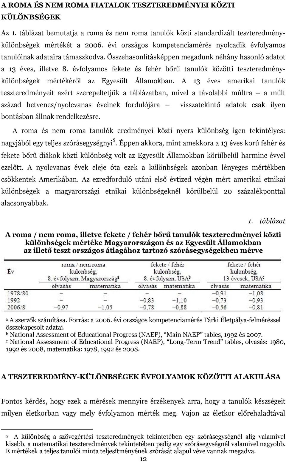 évfolyamos fekete és fehér bőrű tanulók közötti teszteredménykülönbségek mértékéről az Egyesült Államokban.