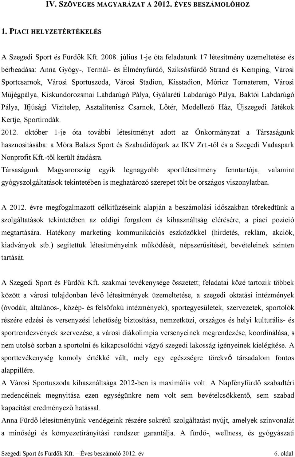 Kisstadion, Móricz Tornaterem, Városi Műjégpálya, Kiskundorozsmai Labdarúgó Pálya, Gyálaréti Labdarúgó Pálya, Baktói Labdarúgó Pálya, Ifjúsági Vízitelep, Asztalitenisz Csarnok, Lőtér, Modellező Ház,