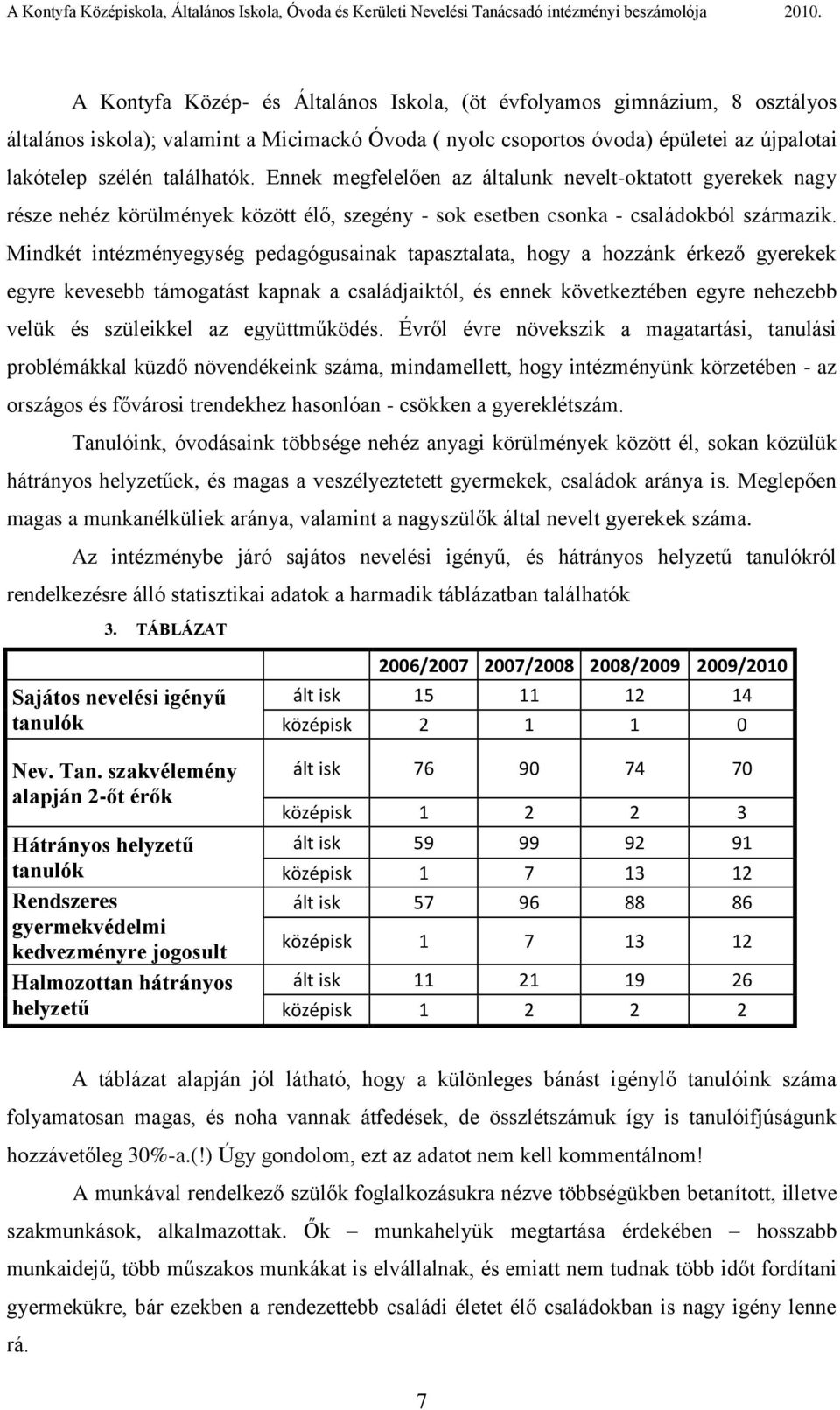 Mindkét intézményegység pedagógusainak tapasztalata, hogy a hozzánk érkező gyerekek egyre kevesebb támogatást kapnak a családjaiktól, és ennek következtében egyre nehezebb velük és szüleikkel az