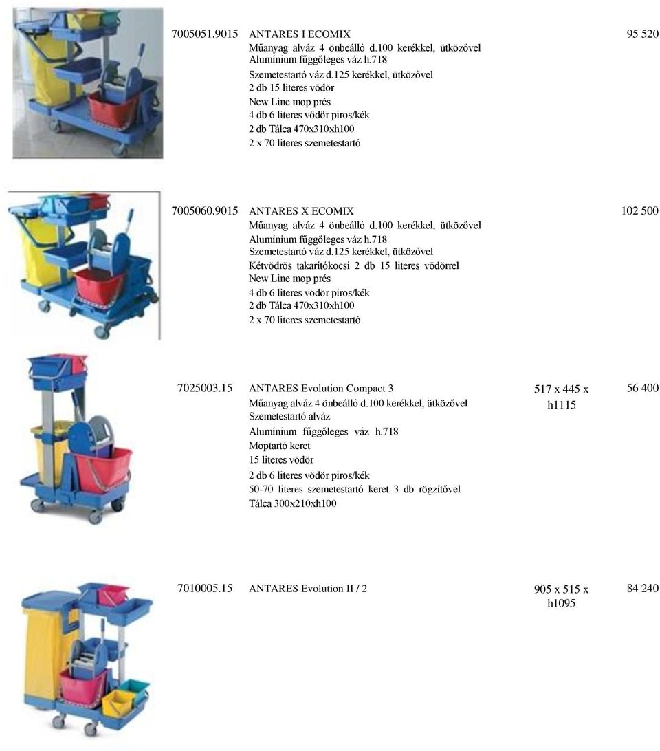 9015 ANTARES X ECOMIX 102 500 Műanyag alváz 4 önbeálló d.100 kerékkel, ütközővel Alumínium fűggőleges váz h.718 Szemetestartó váz d.