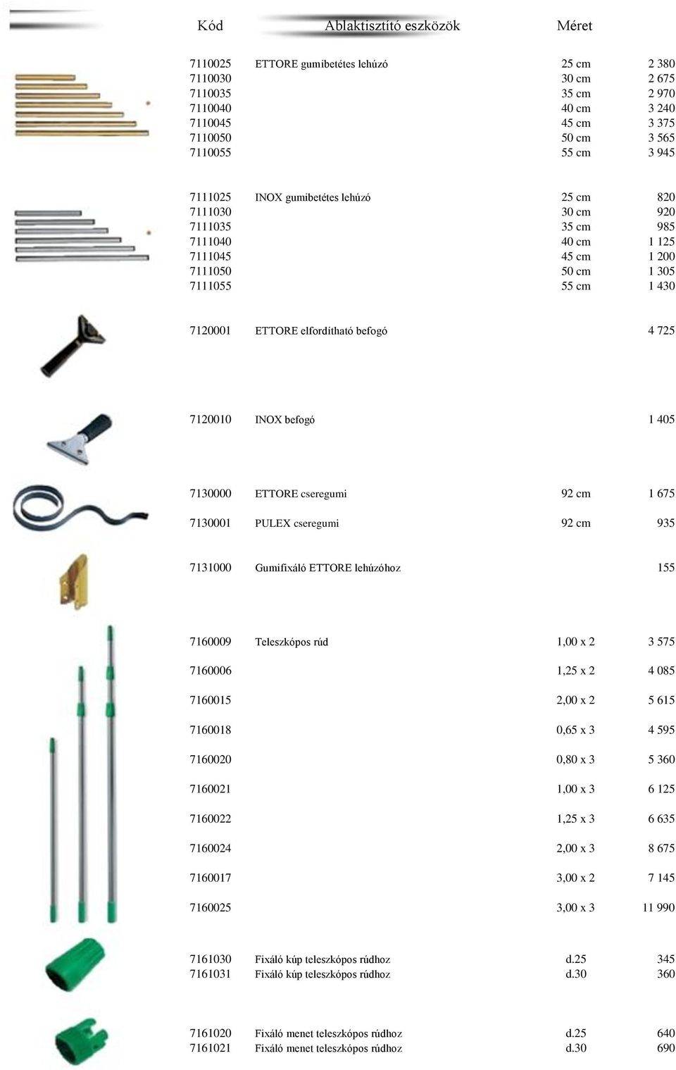 7120010 INOX befogó 1 405 7130000 ETTORE cseregumi 92 cm 1 675 7130001 PULEX cseregumi 92 cm 935 7131000 Gumifixáló ETTORE lehúzóhoz 155 7160009 Teleszkópos rúd 1,00 x 2 3 575 7160006 1,25 x 2 4 085