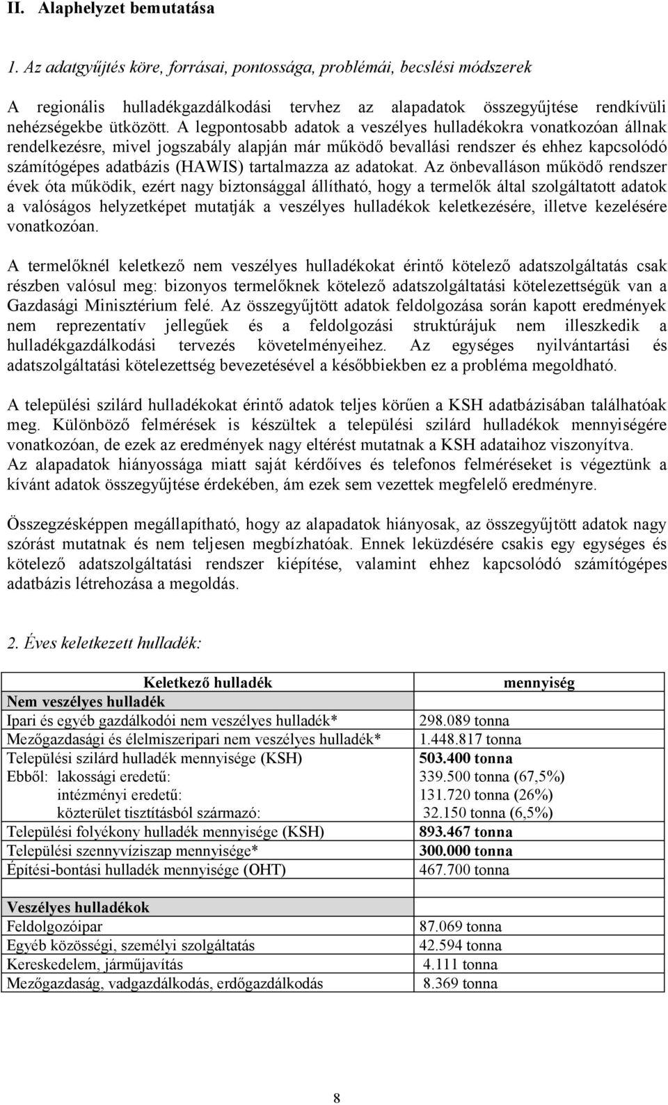 A legpontosabb adatok a veszélyes hulladékokra vonatkozóan állnak rendelkezésre, mivel jogszabály alapján már működő bevallási rendszer és ehhez kapcsolódó számítógépes adatbázis (HAWIS) tartalmazza