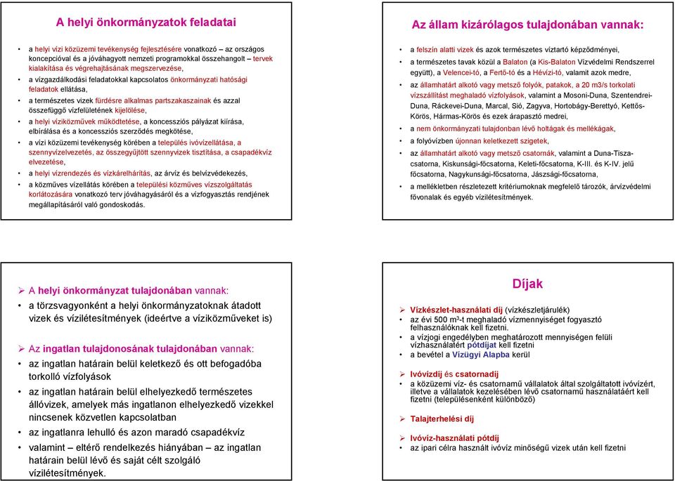 partszakaszainak és azzal összefüggő vízfelületének kijelölése, a helyi víziközművek működtetése, a koncessziós pályázat kiírása, elbírálása és a koncessziós szerződés megkötése, a vízi közüzemi